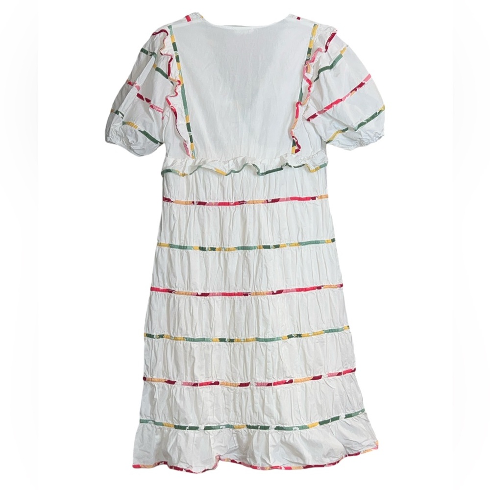 Storia Mixed Print White Midi Dress Ruffled V-Neck Spring Large - Picture 7 of 7